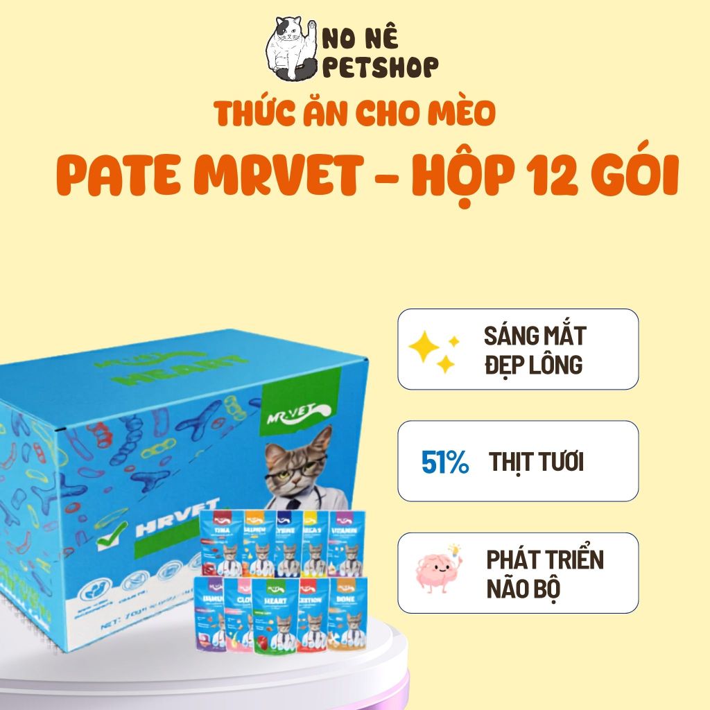 Pate Cho Mèo MRVET 1 Hộp 12 Gói 70G 51% Thịt, Bổ Sung Protein, Prebiotics, Taurine, Tăng Cường Sức Đề Kháng