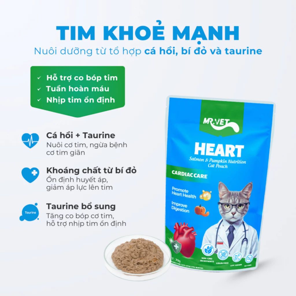 Pate Cho Mèo MRVET 1 Hộp 12 Gói 70G 51% Thịt, Bổ Sung Protein, Prebiotics, Taurine, Tăng Cường Sức Đề Kháng