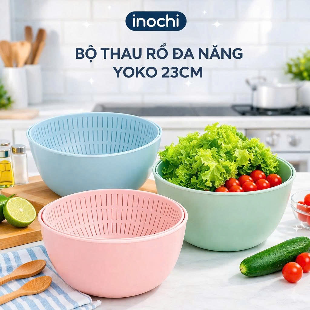 Bộ thau rổ đa năng Inochi - Yoko 23 cm màu Xanh/Hồng/Ghi