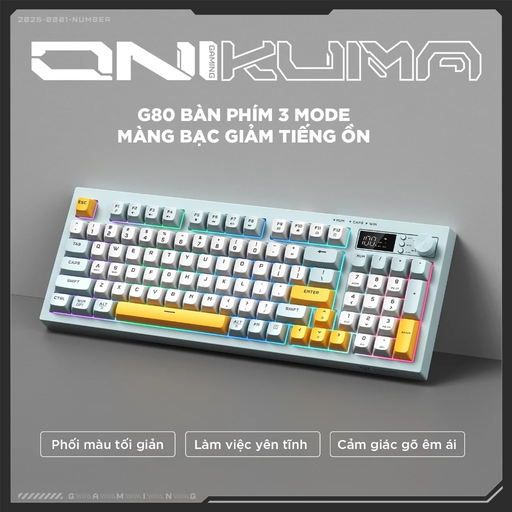 Bàn phím giả cơ ONIKUMA G80 Không dây Bluetooth5.0 LED RGB 2000mAh cho máy tính/laptop/IPAD Bàn phím im lặng văn phòng