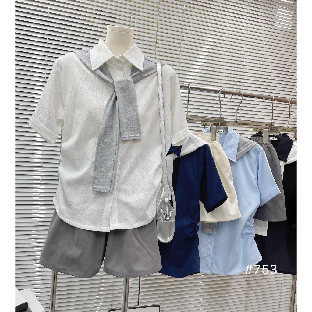 Set áo sơ mi ngắn tay + quần short lưng thun + khăn thủy thủ màu trắng ...