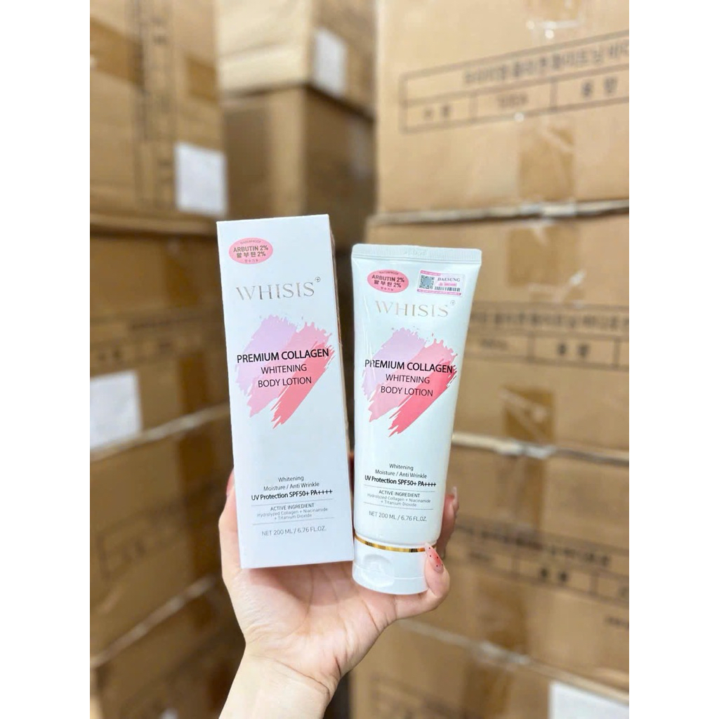Kem body WHISIS Premium Collagen Whitening Body Lotion 200ml HQ SPF50+++ Chống Nắng Nâng Tone IS20