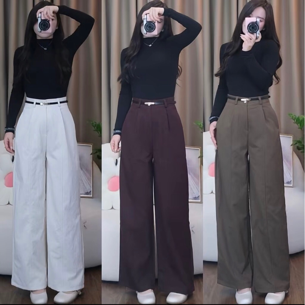 Quần Ống Rộng Kaki Nhật Cạp Cao Tôn Dáng Siêu Hót Trend dài 98cm