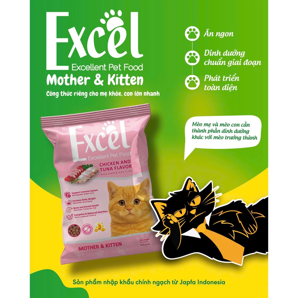 Hạt Cho Mèo Excel 500g Bổ Sung Taurine, Omega 3-6, Dưỡng Lông, Dễ Tiêu Hóa Cho Mèo Lớn