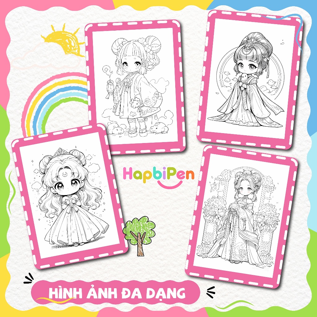 Tranh tô màu Công chúa chibi girls cho bé gái tô màu với 50 tranh vẽ khổ A4 A5 TTM002