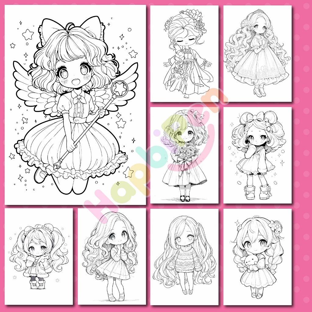 Tranh tô màu Công chúa chibi girls cho bé gái tô màu với 50 tranh vẽ khổ A4 A5 TTM002