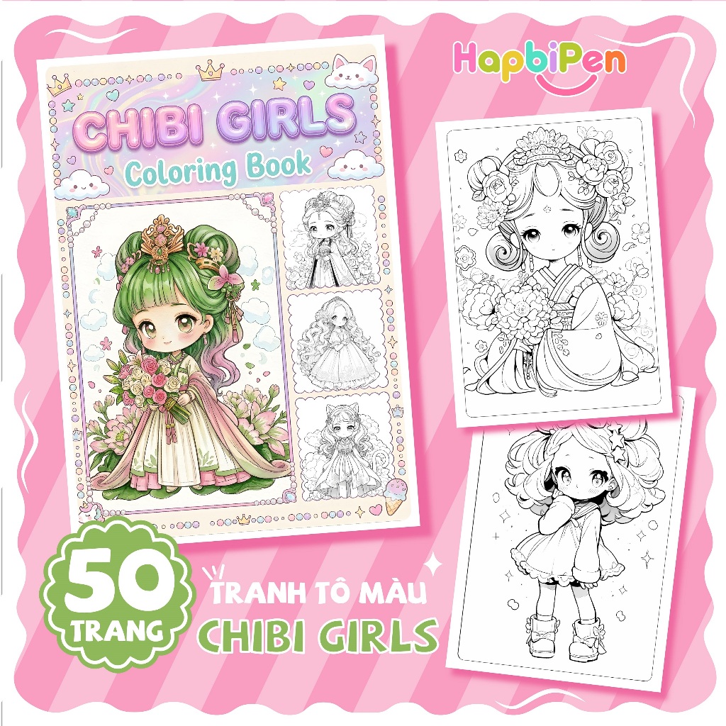 Tranh tô màu Công chúa chibi girls cho bé gái tô màu với 50 tranh vẽ khổ A4 A5 TTM002