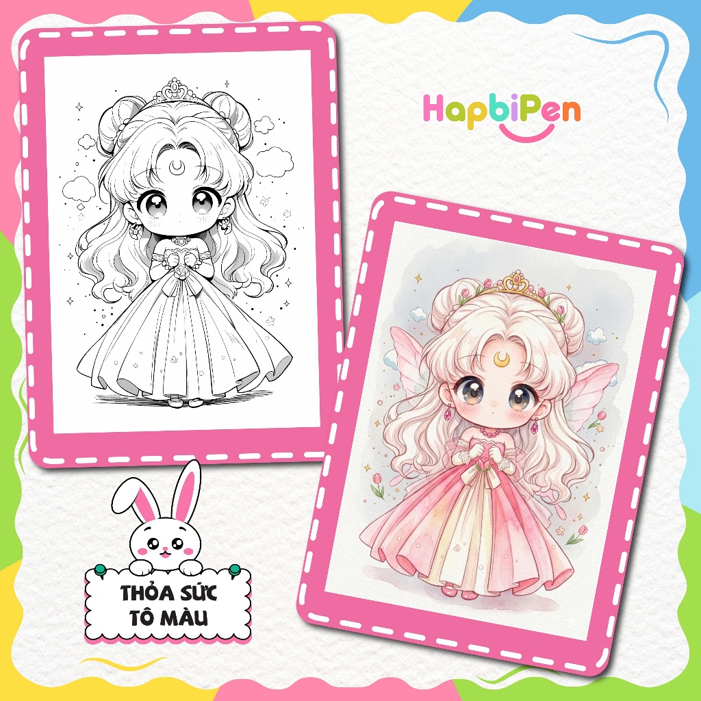 Tranh tô màu Công chúa chibi girls cho bé gái tô màu với 50 tranh vẽ khổ A4 A5 TTM002