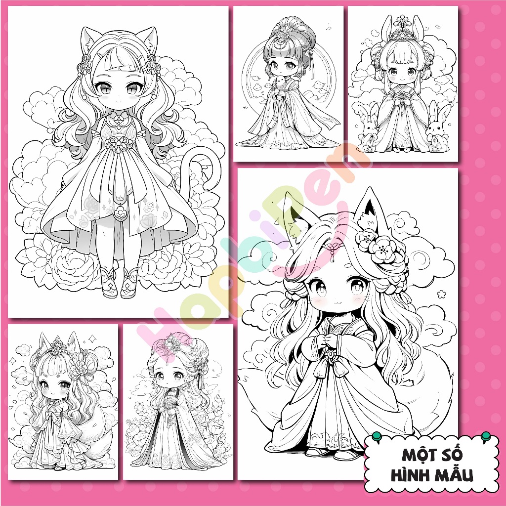 Tranh tô màu Công chúa chibi girls cho bé gái tô màu với 50 tranh vẽ khổ A4 A5 TTM002