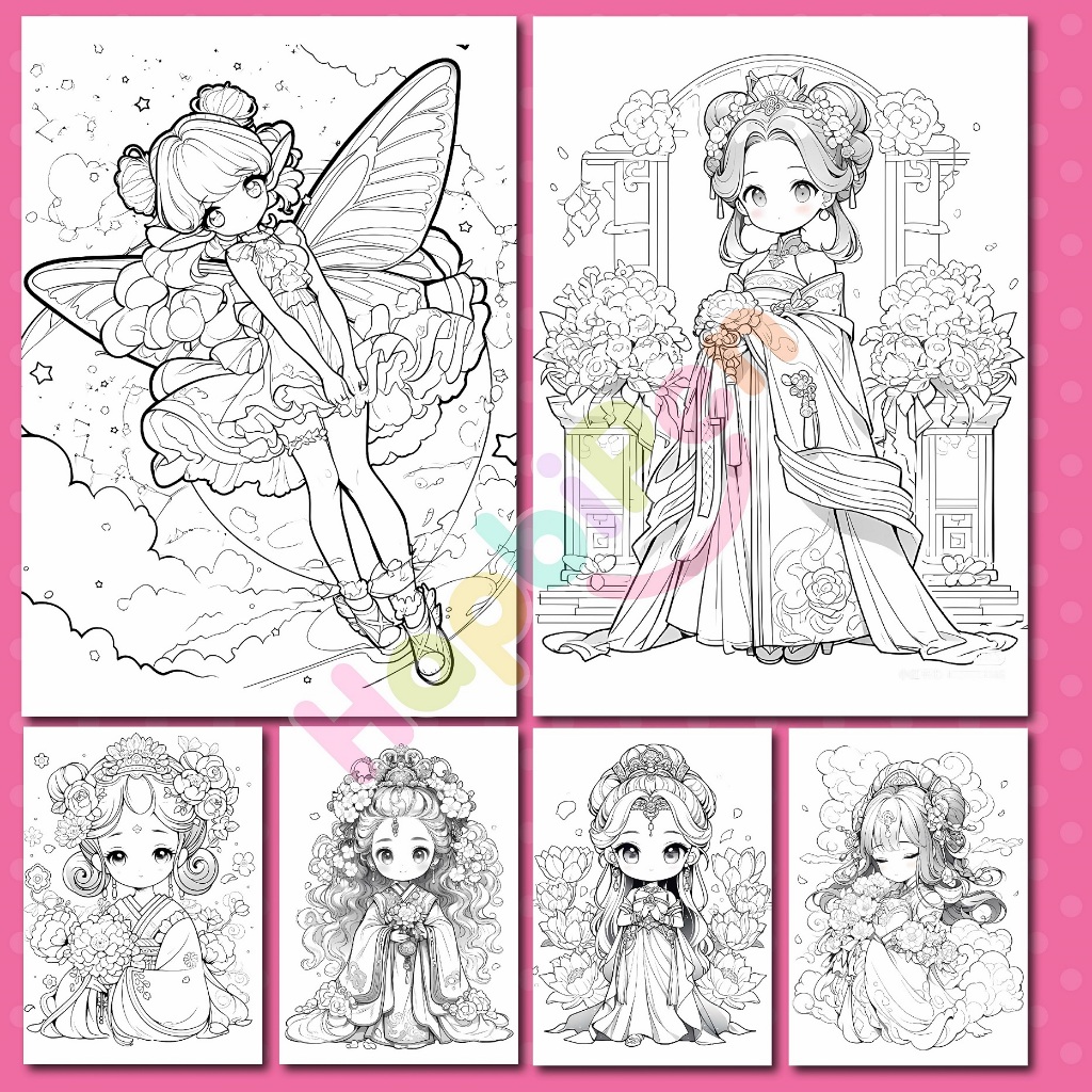 Tranh tô màu Công chúa chibi girls cho bé gái tô màu với 50 tranh vẽ khổ A4 A5 TTM002