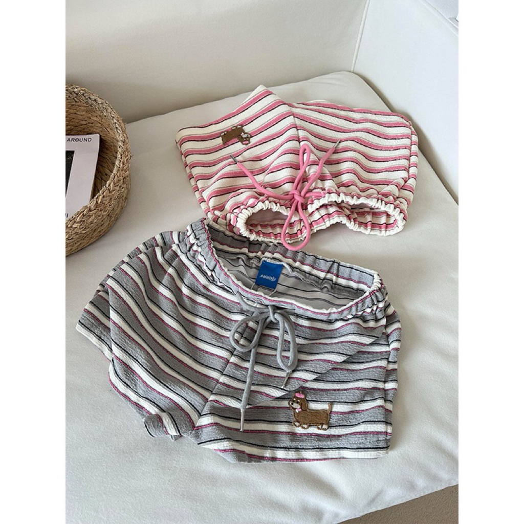 Quần Short Nữ Kẻ Sọc Phối Nơ Hồng – Quần Mặc Nhà Lưng Thun Co Giãn Dáng Xinh Dễ Thương
