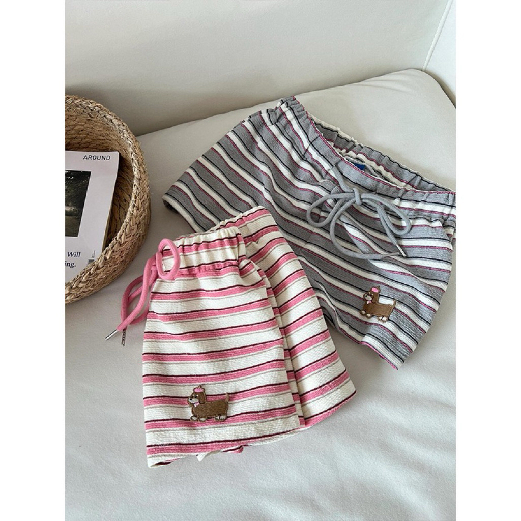 Quần Short Nữ Kẻ Sọc Phối Nơ Hồng – Quần Mặc Nhà Lưng Thun Co Giãn Dáng Xinh Dễ Thương