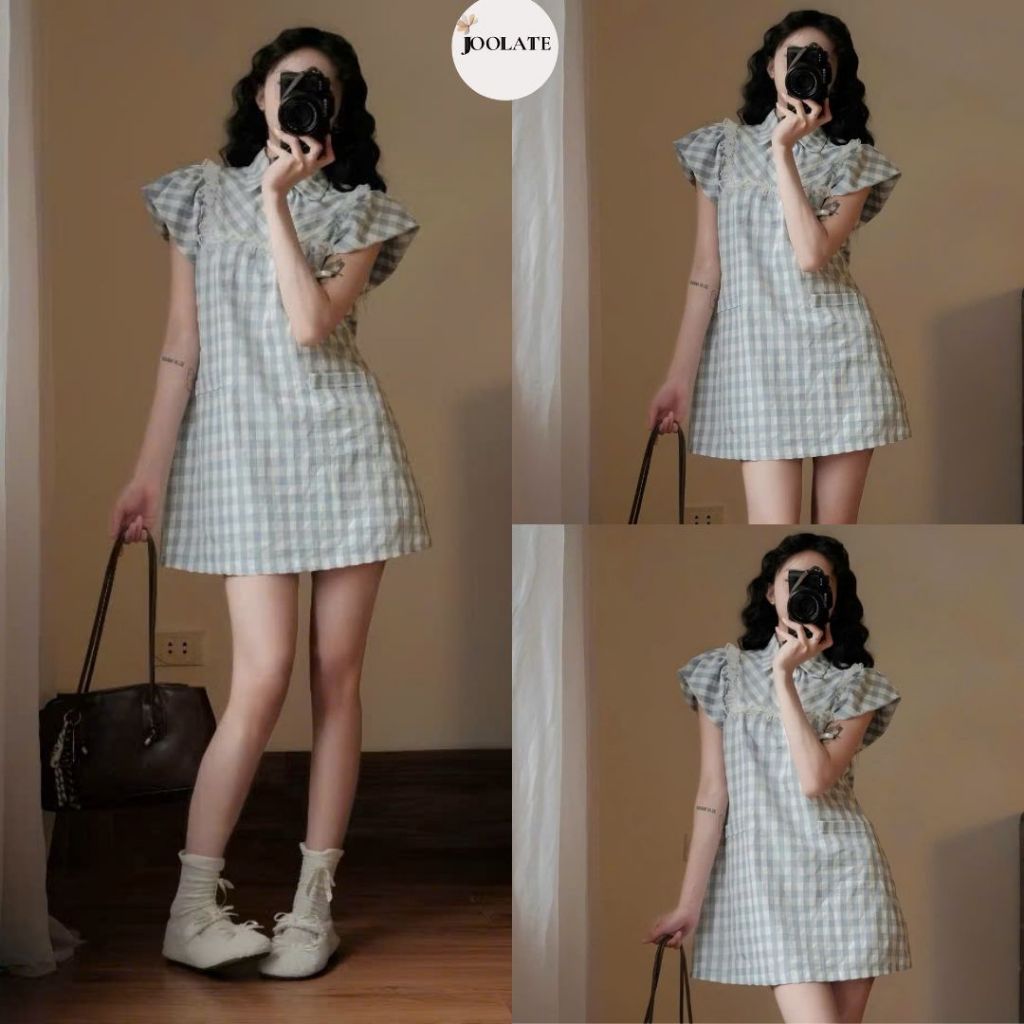 Váy Kẻ Caro Nữ Cổ Sơ Mi Tay Bồng Dáng Suông Tiểu Thư Hàn Quốc Thanh Lịch Dễ Thương Joolate vk1009