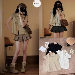 Áo Sơ Mi Cổ Peter Pan Cúc Bọc Tay Cánh Tiên Dáng Lỡ Chiết Ly Ngực DN654 – Áo Nữ Vintage Ngọt Ngào, Outfit Mùa Hè Du Lịch