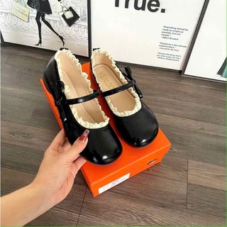 Hàng L1 Giày búp bê lolita đế cao 3cm phối nơ ngang chất da sáp lì QV455