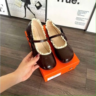 Hàng L1 Giày búp bê lolita đế cao 3cm phối nơ ngang chất da sáp lì QV455
