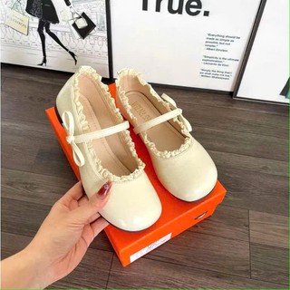 Hàng L1 Giày búp bê lolita đế cao 3cm phối nơ ngang chất da sáp lì QV455