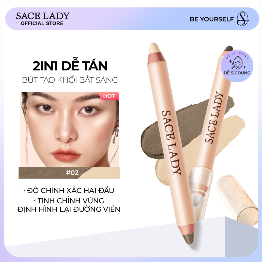 Bút Tạo Khối 2 Đầu SACE LADY – Contour & Highlight Mịn Lì, Tán Dễ, Tạo Khối Tự Nhiên 3.2g
