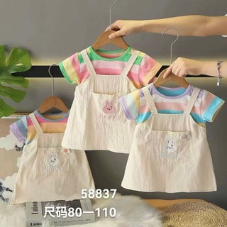 Váy bé gái ngắn tay giả yếm 6-18th kẻ sọc đầy màu sắc vải cotton mỏng thoáng mát mùa hè D1291