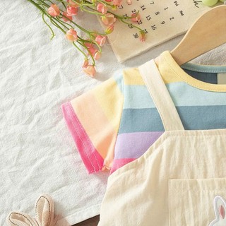 Váy bé gái ngắn tay giả yếm 6-18th kẻ sọc đầy màu sắc vải cotton mỏng thoáng mát mùa hè D1291