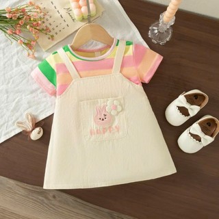 Váy bé gái ngắn tay giả yếm 6-18th kẻ sọc đầy màu sắc vải cotton mỏng thoáng mát mùa hè D1291