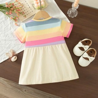 Váy bé gái ngắn tay giả yếm 6-18th kẻ sọc đầy màu sắc vải cotton mỏng thoáng mát mùa hè D1291