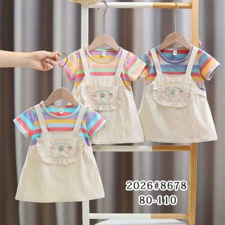 Váy bé gái ngắn tay giả yếm 6-18th kẻ sọc đầy màu sắc vải cotton mỏng thoáng mát mùa hè D1291