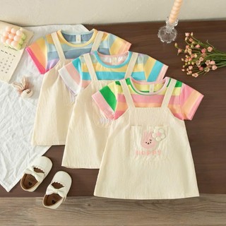 Váy bé gái ngắn tay giả yếm 6-18th kẻ sọc đầy màu sắc vải cotton mỏng thoáng mát mùa hè D1291
