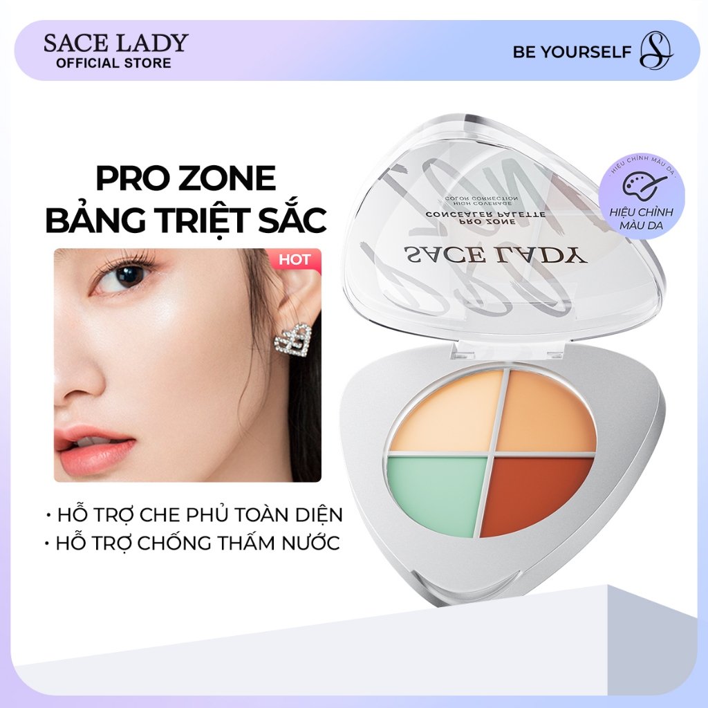 Bảng Che Khuyết Điểm 4 Màu SACE LADY Pro Zone - Che Phủ Cao Cấp, Chống Nước, Hiệu Chỉnh Tone Da 5.6g