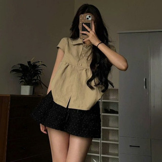 Áo Sơ Mi Cổ Peter Pan Cúc Bọc Tay Cánh Tiên Dáng Lỡ Chiết Ly Ngực DN654 – Áo Nữ Vintage Ngọt Ngào, Outfit Mùa Hè Du Lịch