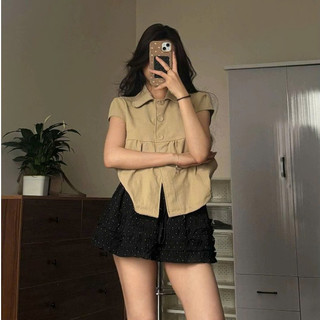 Áo Sơ Mi Cổ Peter Pan Cúc Bọc Tay Cánh Tiên Dáng Lỡ Chiết Ly Ngực DN654 – Áo Nữ Vintage Ngọt Ngào, Outfit Mùa Hè Du Lịch