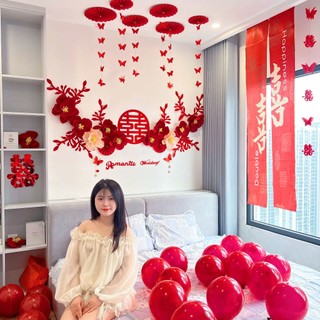 Set Trang Trí Phòng Cưới Bằng Vải Dạ Và Hoa Giấy Cát Tường Song Hỷ Lâm Môn Đủ Đồ Dễ Trang Trí Tặng Keo Dán Chống Bong