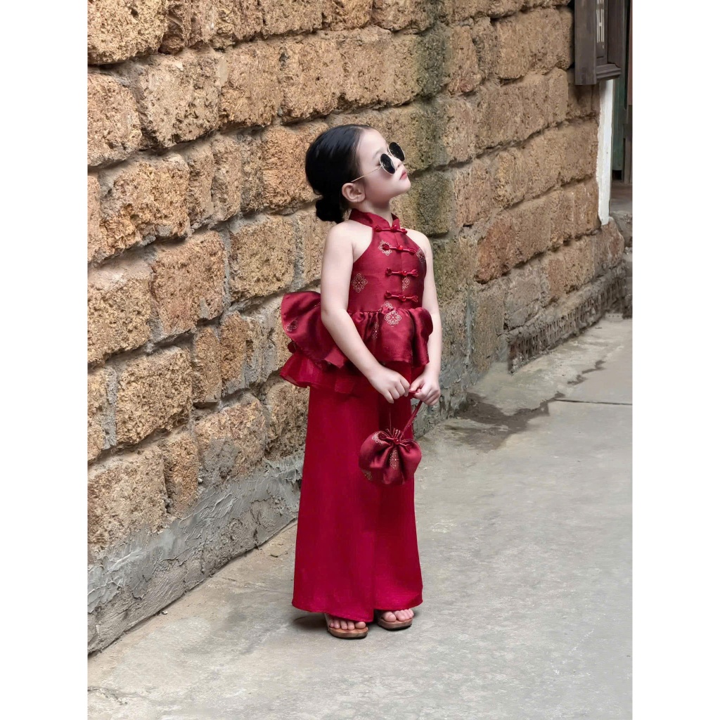 Set Đồ Bé Gái Áo Yếm Gấm Phối Quần Dài Phong Cách Trung Hoa Cách Tân mẹ và bé gái 13-55kg