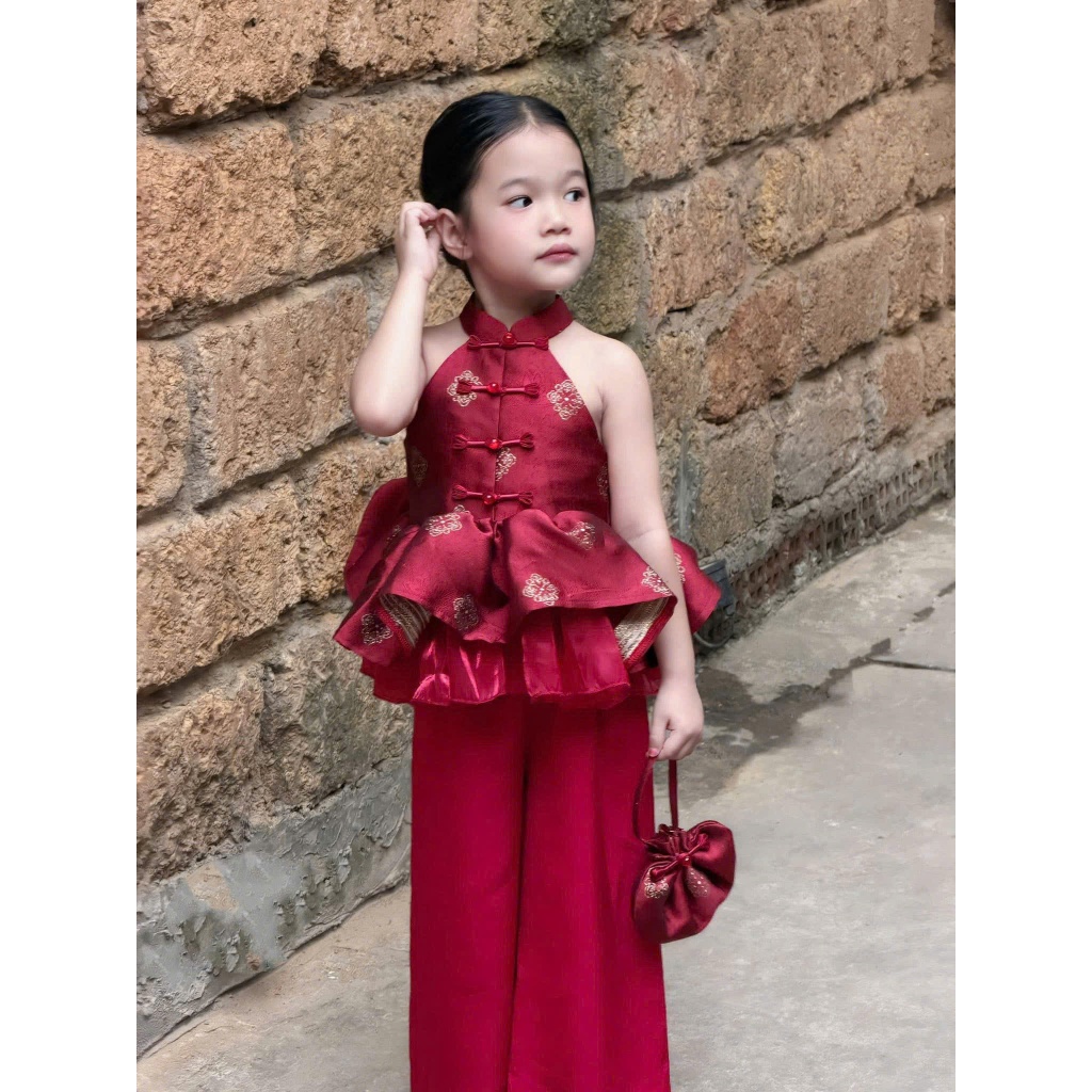 Set Đồ Bé Gái Áo Yếm Gấm Phối Quần Dài Phong Cách Trung Hoa Cách Tân mẹ và bé gái 13-55kg