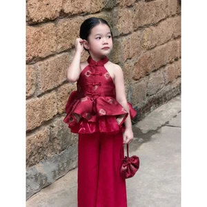 Set Đồ Bé Gái Áo Yếm Gấm Phối Quần Dài Phong Cách Trung Hoa Cách Tân mẹ và bé gái 13-55kg