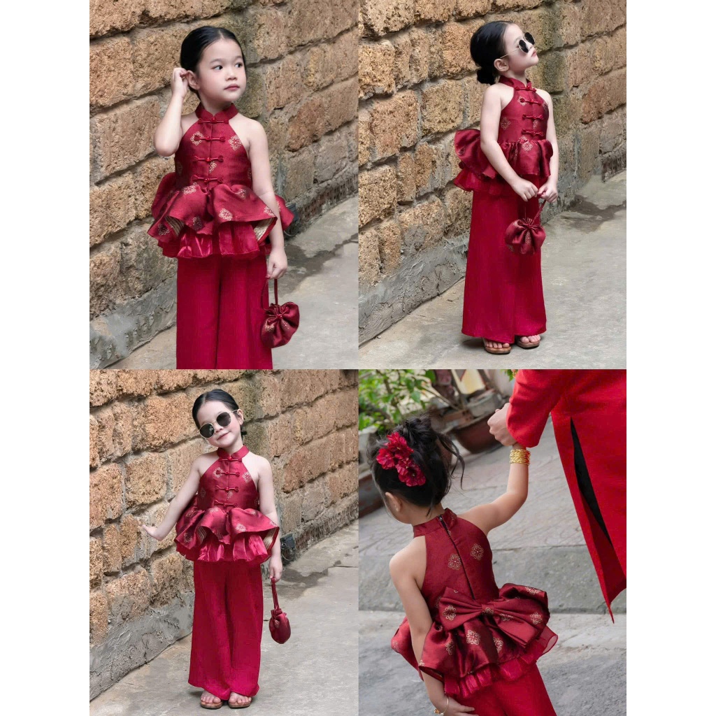 Set Đồ Bé Gái Áo Yếm Gấm Phối Quần Dài Phong Cách Trung Hoa Cách Tân mẹ và bé gái 13-55kg