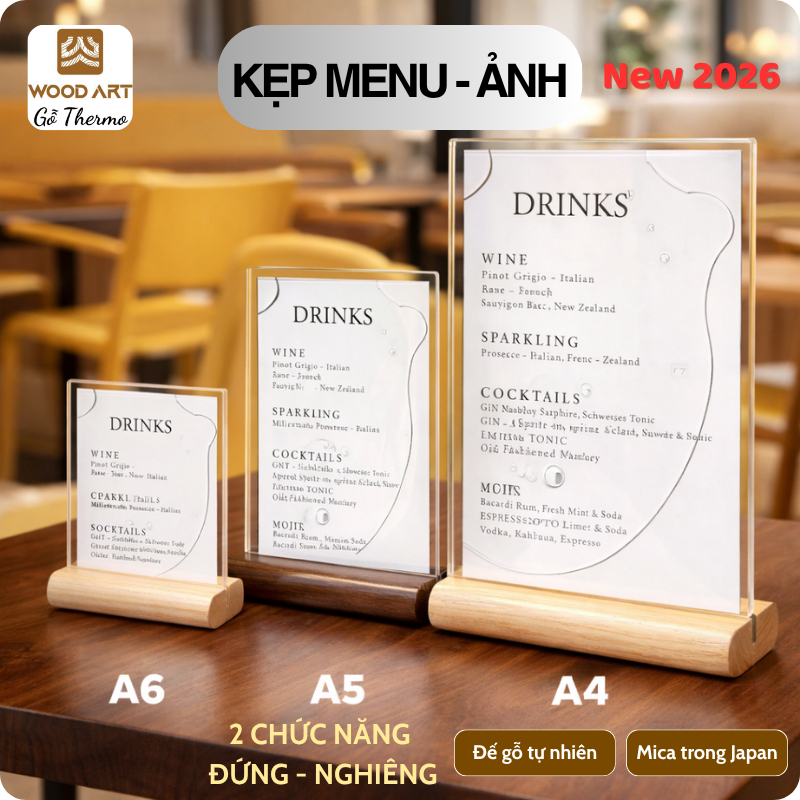 Menu để bàn cao cấp, Menu đế gỗ tự nhiên, kẹp ảnh, Menu Stand & Mica ...
