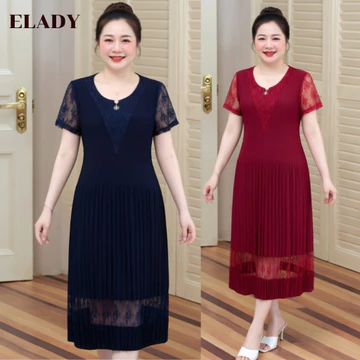 Đầm trung niên AD1041, Váy trung niên cho mẹ dáng dài dự tiệc, bigsize vải thun phối ren, co dãn