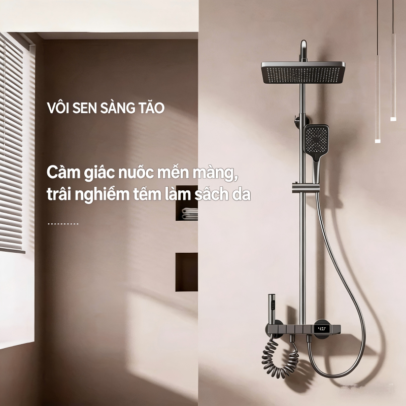 Bộ sen cây tắm đứng phím đàn có LED hiển thị nhiệt độ nóng lạnh sang trọng 4chế độ thoát nước áp phòng tắmBảo hành 2 năm