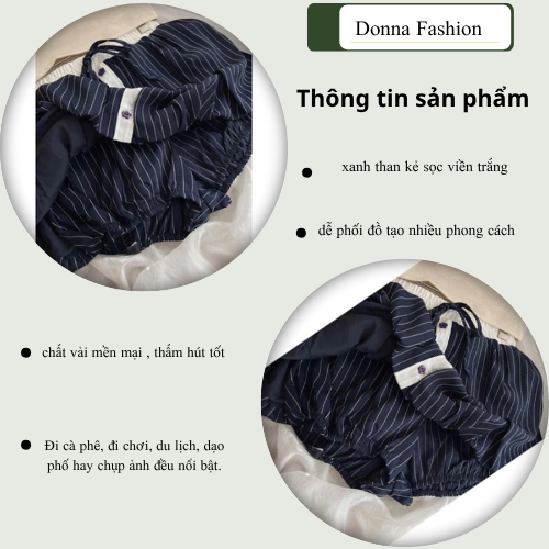 Set đồ nữ DONA HCOM25483 sơ mi nữ kẻ sọc phối viền trắng, đồ bộ nữ cổ bẻ váy bí phong cách Hàn Quốc