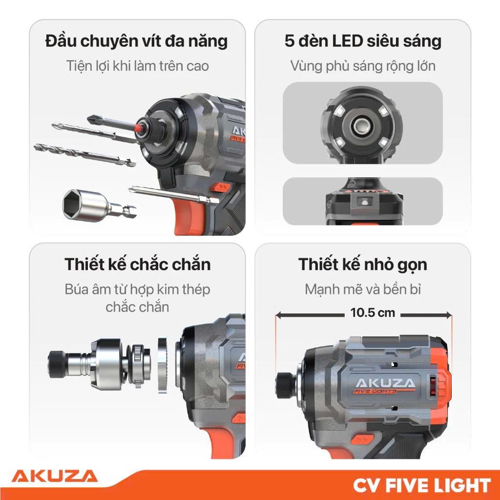 Máy Bắn vít Akuza Five Light - Máy bắn vít cao cấp 21V, 255nm, tính năng tự dừng trên vật liệu mỏng
