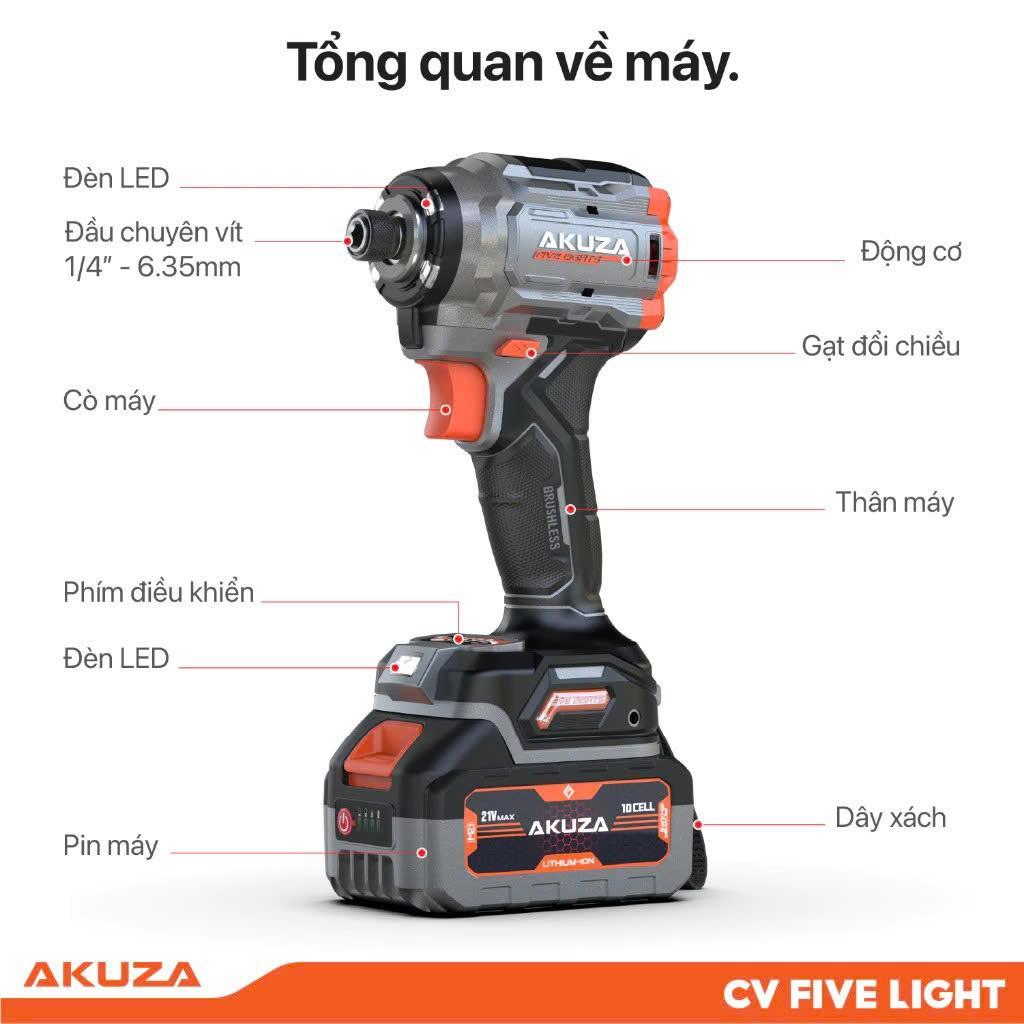 Máy Bắn vít Akuza Five Light - Máy bắn vít cao cấp 21V, 255nm, tính năng tự dừng trên vật liệu mỏng