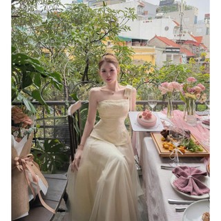ZIMM STORE-Đầm Thiết Kế Cao Cấp Trễ Vai Màu Kem Nude Chất Tơ Pháp Phối Von Lưới