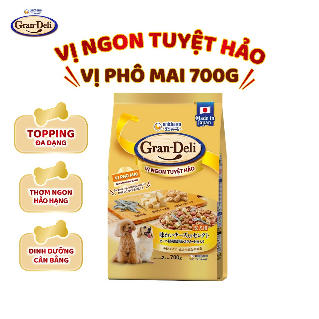 Hạt Cho Chó Gran-Deli Đến Từ Nhật Bản Gói 700g Gồm Vị Phô Mai Và Bò Mix Topping Đa Dạng