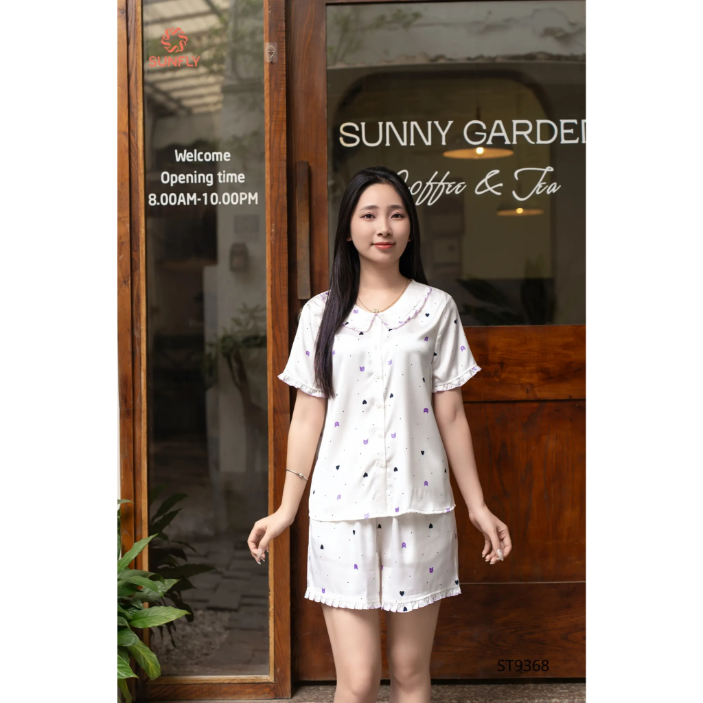 ST9368 Bộ pijama nữ lụa latin áo cộc quần sooc