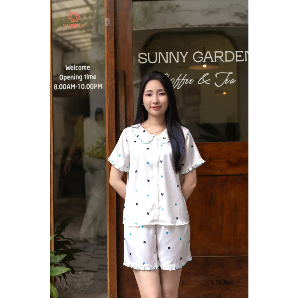 ST9368 Bộ pijama nữ lụa latin áo cộc quần sooc