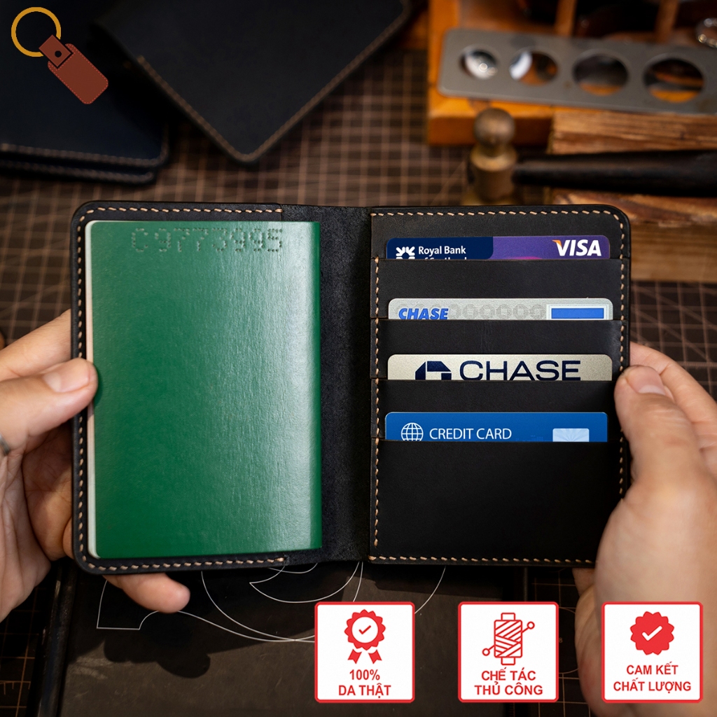 Bao Passport Mino Crafts Có Ngăn Thẻ Da Bò Thật Thiết Kế Gọn Gàng Bền Bỉ