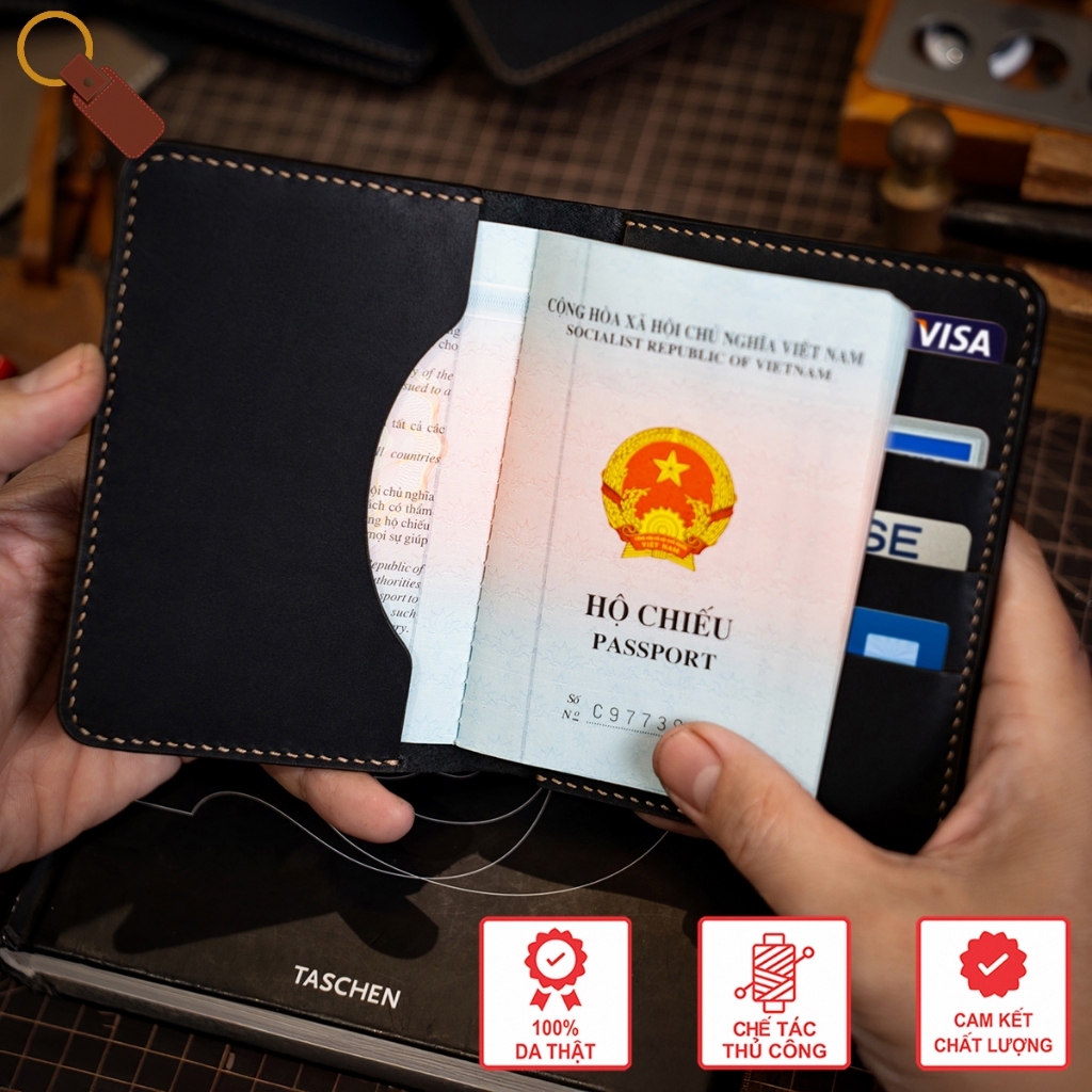 Bao Passport Mino Crafts Có Ngăn Thẻ Da Bò Thật Thiết Kế Gọn Gàng Bền Bỉ