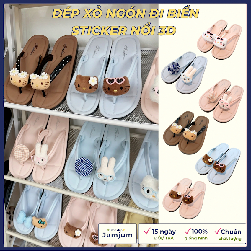 Dép xỏ ngón nữ đi biển mùa hè HOTTREND kitty 3D nổi xinh phiên bản cao cấp đế mềm cao 1.5 cm chống trượt JJKEP15