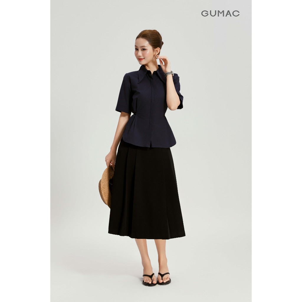 Áo Sơ Mi Nữ Tay Lửng GUMAC Form Suông Cổ Nhọn Kèm Dây Buộc Eo Điểm Nhấn Trẻ Trung AG04001